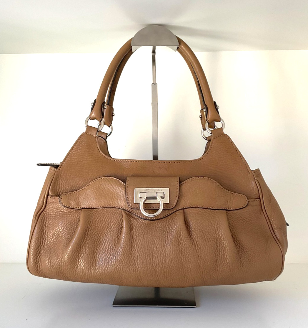 Salvatore Ferragamo – Tan Marissa Gancini Leather Tote Bag with silver hardware