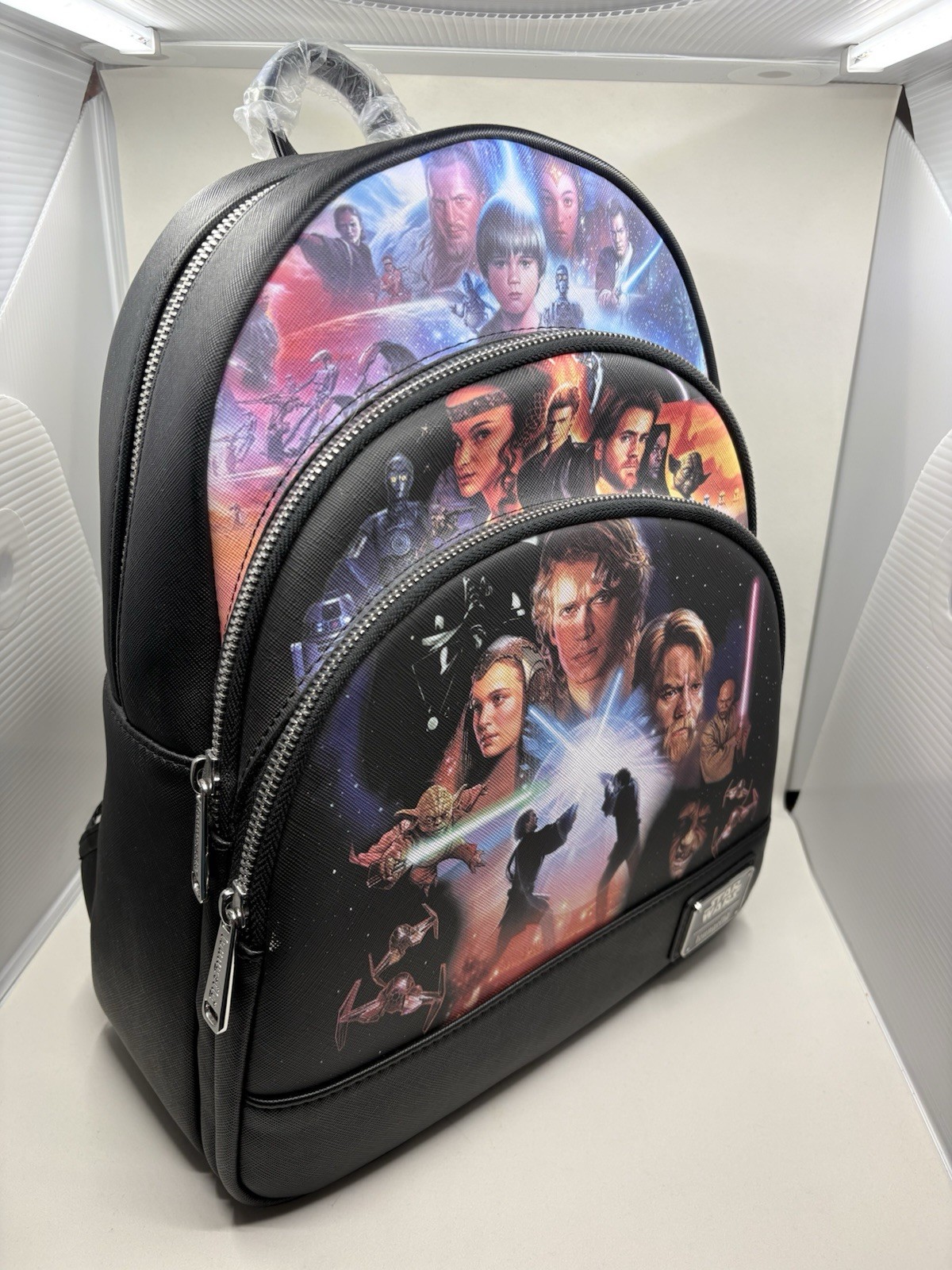 NWT Loungefly Star Wars Trilogy Mini Backpack Graphic Print Zip w/ Bag Charm