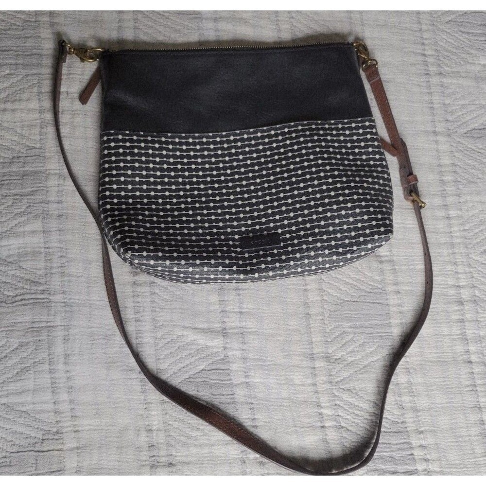 Fossil Fiona Crossbody Bag – Black/White Pattern & Leather Trim