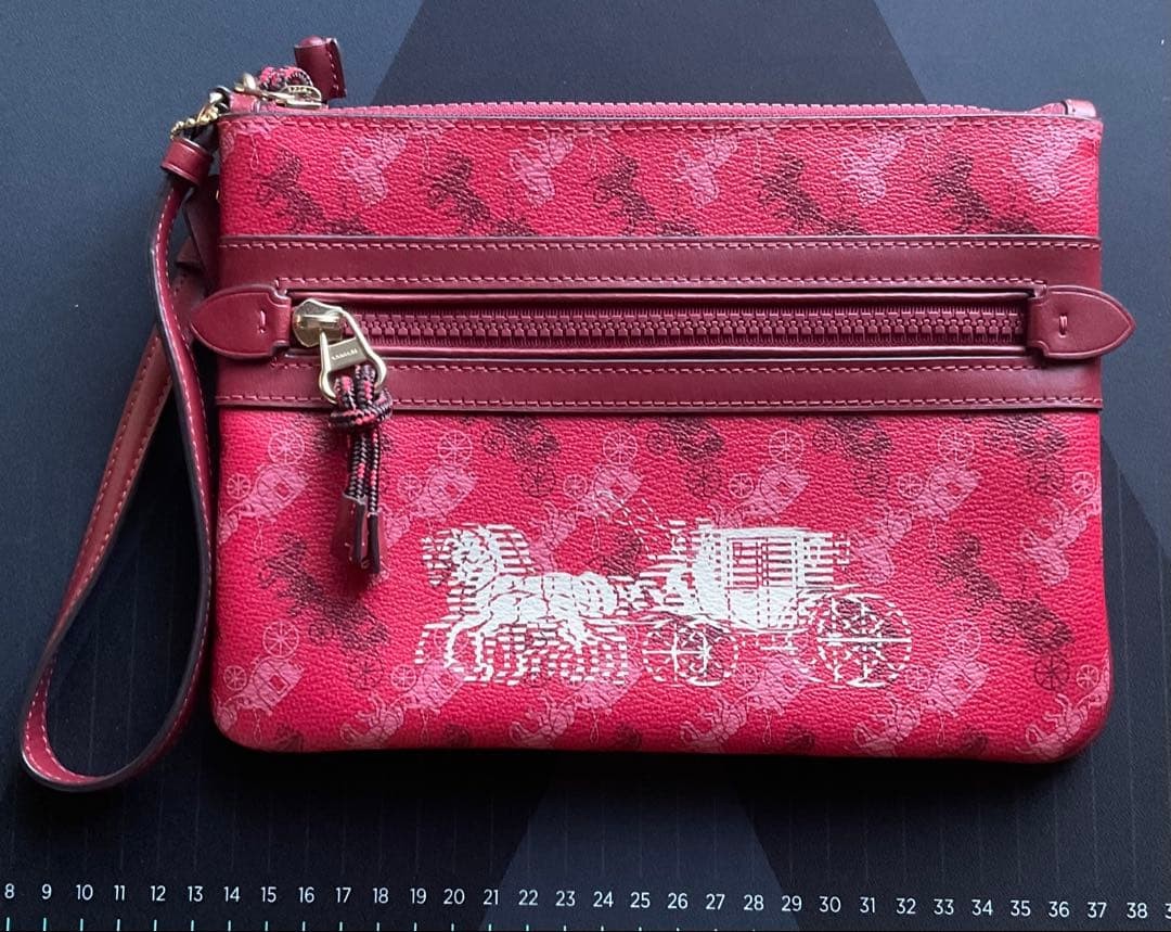 COACH Horse Carriage Print Wristlet Pouch Red