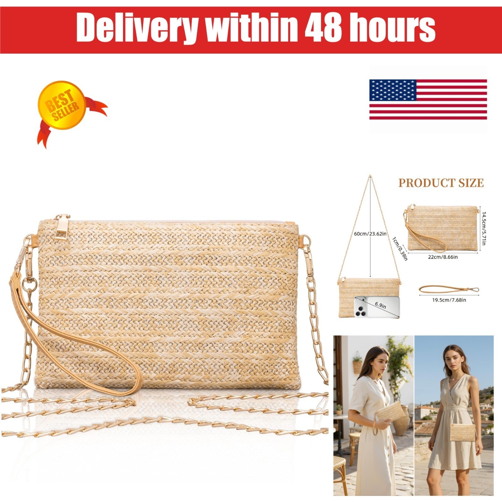 Larcenciel Straw Clutch Purse with Wrist Strap for Beach & Evening