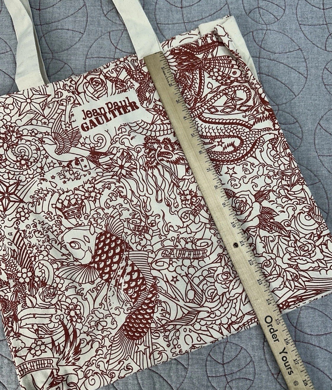 Jean Paul Gaultier JPG Tattoo Tote Bag Fish Dragon Red Beige Canvas Beach Cotton