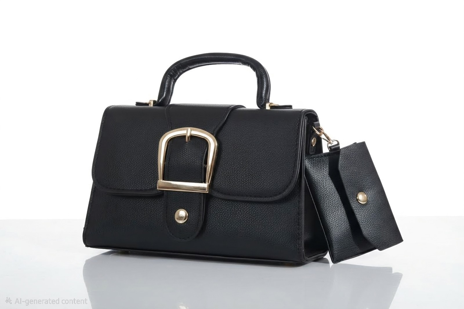 Black Satchel Bag with Gold Buckle, Chain Accents, and Coin Purse
