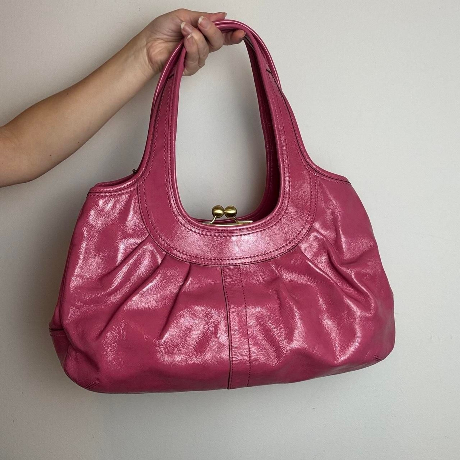 Coach Pink Patent Leather Ergo Pleated Frame Satchel with Kisslock Closure