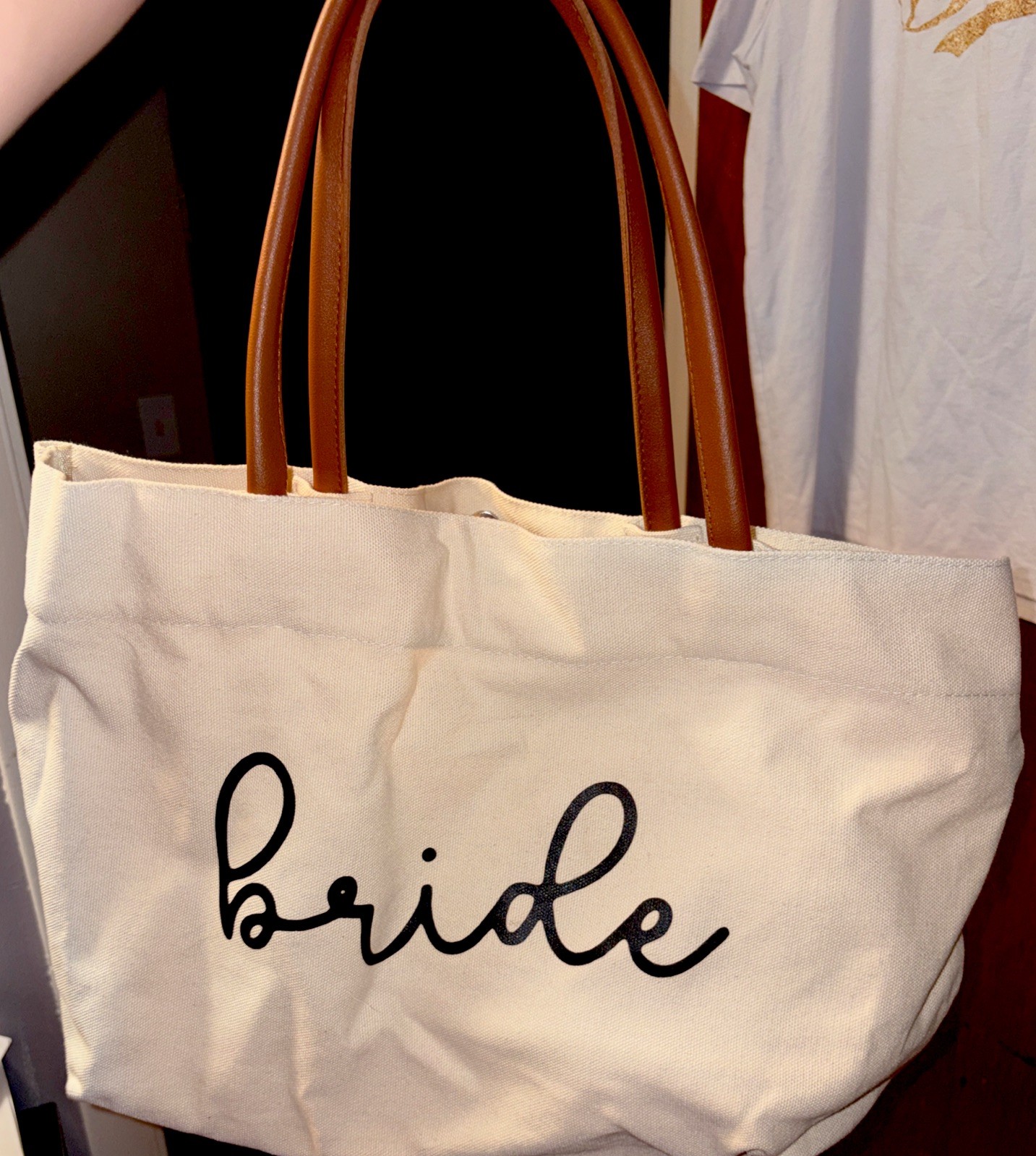 Bridal bundle: XL t Shirt, Bride To Be Makeup Bag, And Bride Cursive Font Tote