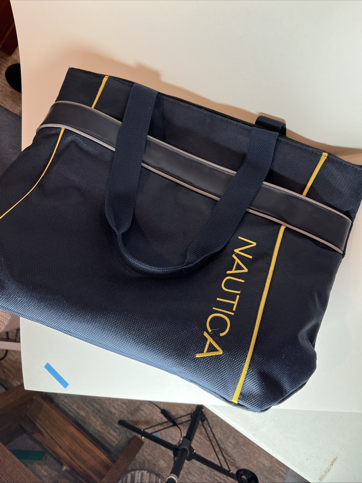 Nautica Canvas Weekender Tote Bag Blue with yellow 19 inches wide 14.5 tall