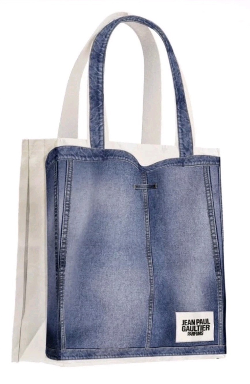 Jean Paul Gaultier Denim Print Tote Bag Large Blue Canvas Shopper NWOT