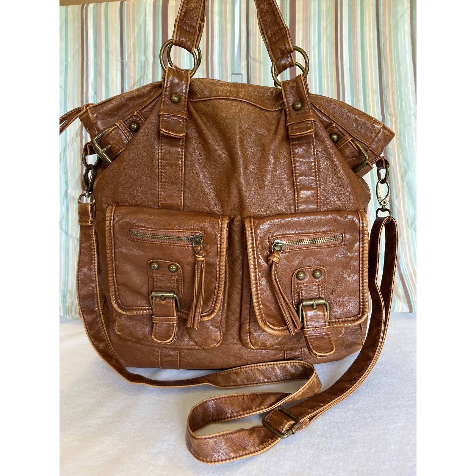 Nordstroms BP. Brown Faux Leather Purse/Crossbody Floral Lining Preloved