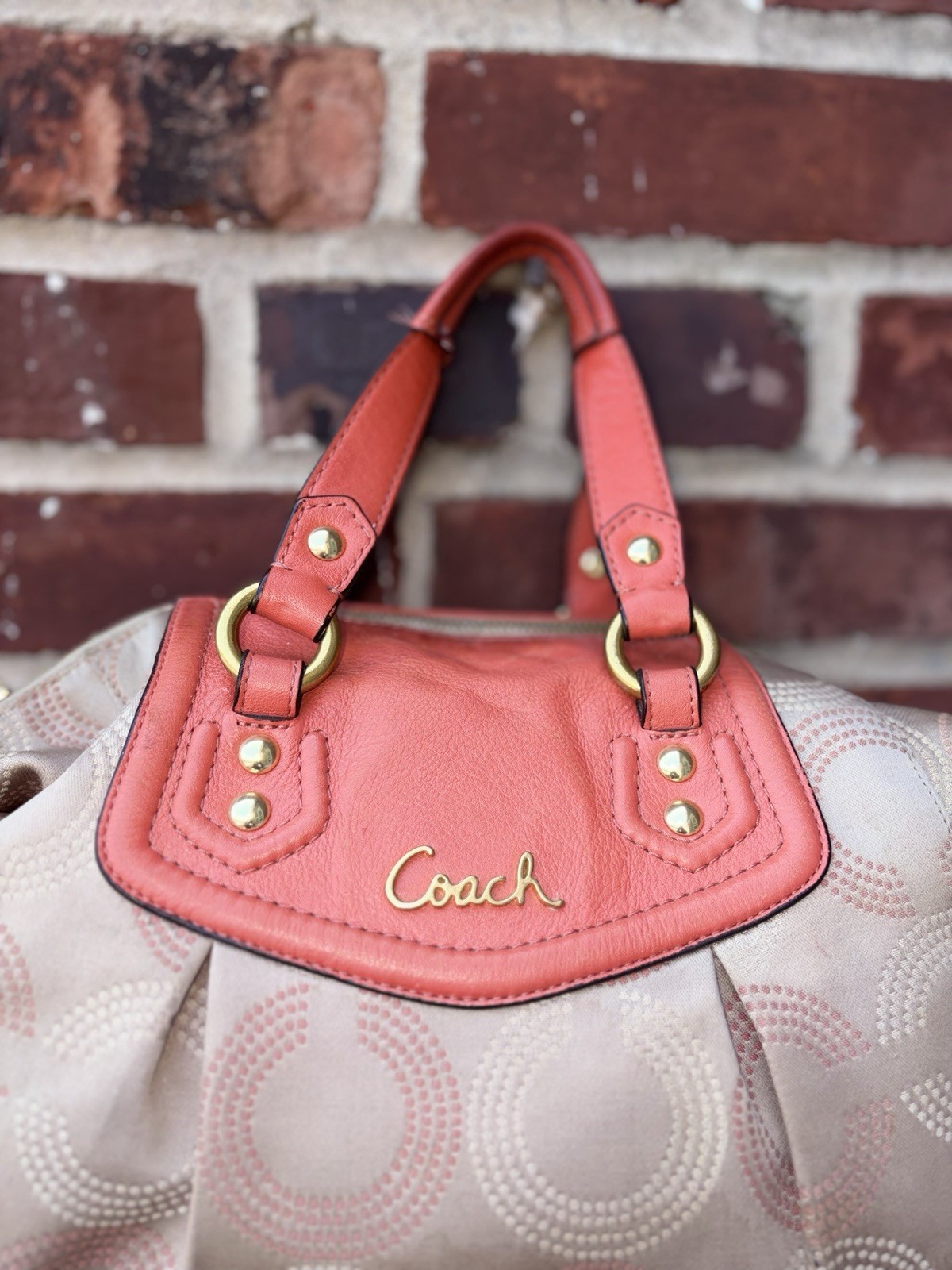 COACH ASHLEY DOTTED OP ART SATCHEL IN KHAKi/CORALF20027