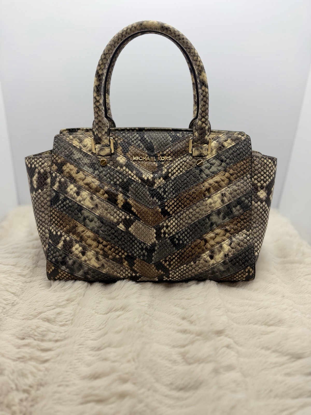 Michael Kors Selma Medium Satchel Python Embossed Leather Brown Chevron Bag