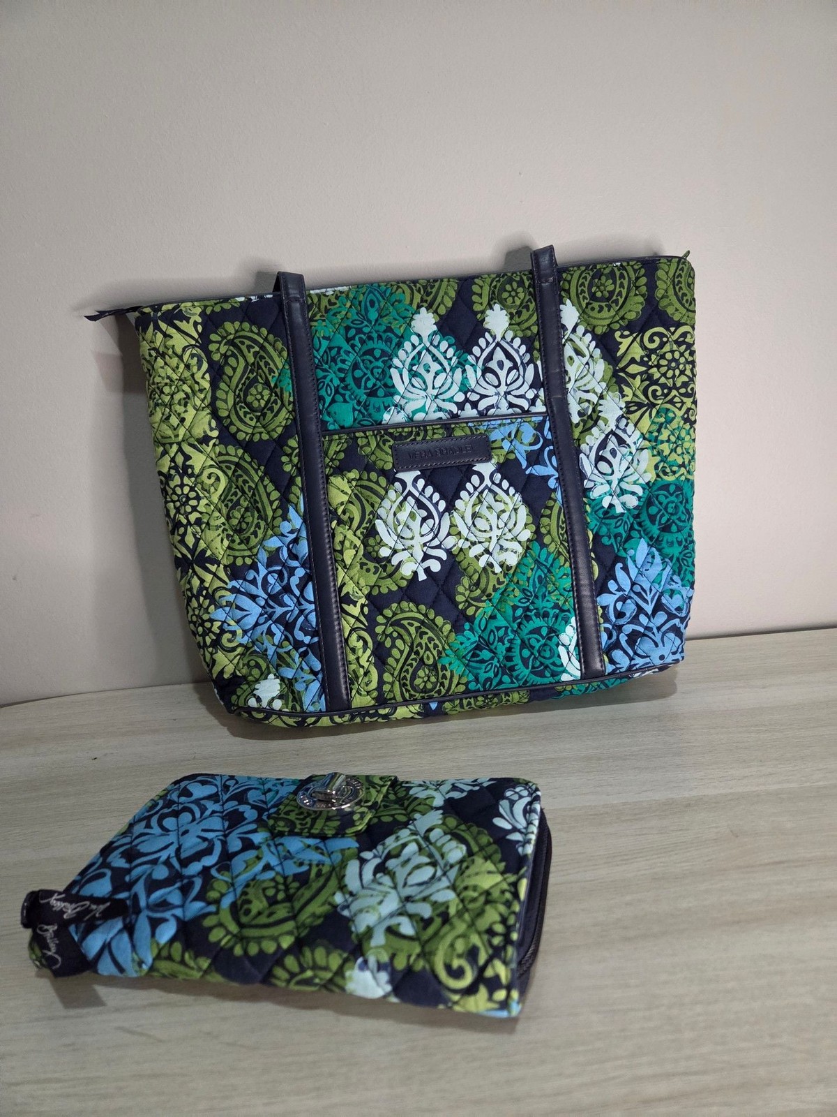 Vera Bradley Quilted Tote Bag and Matching Wallet Set in Blue and Green Paisley