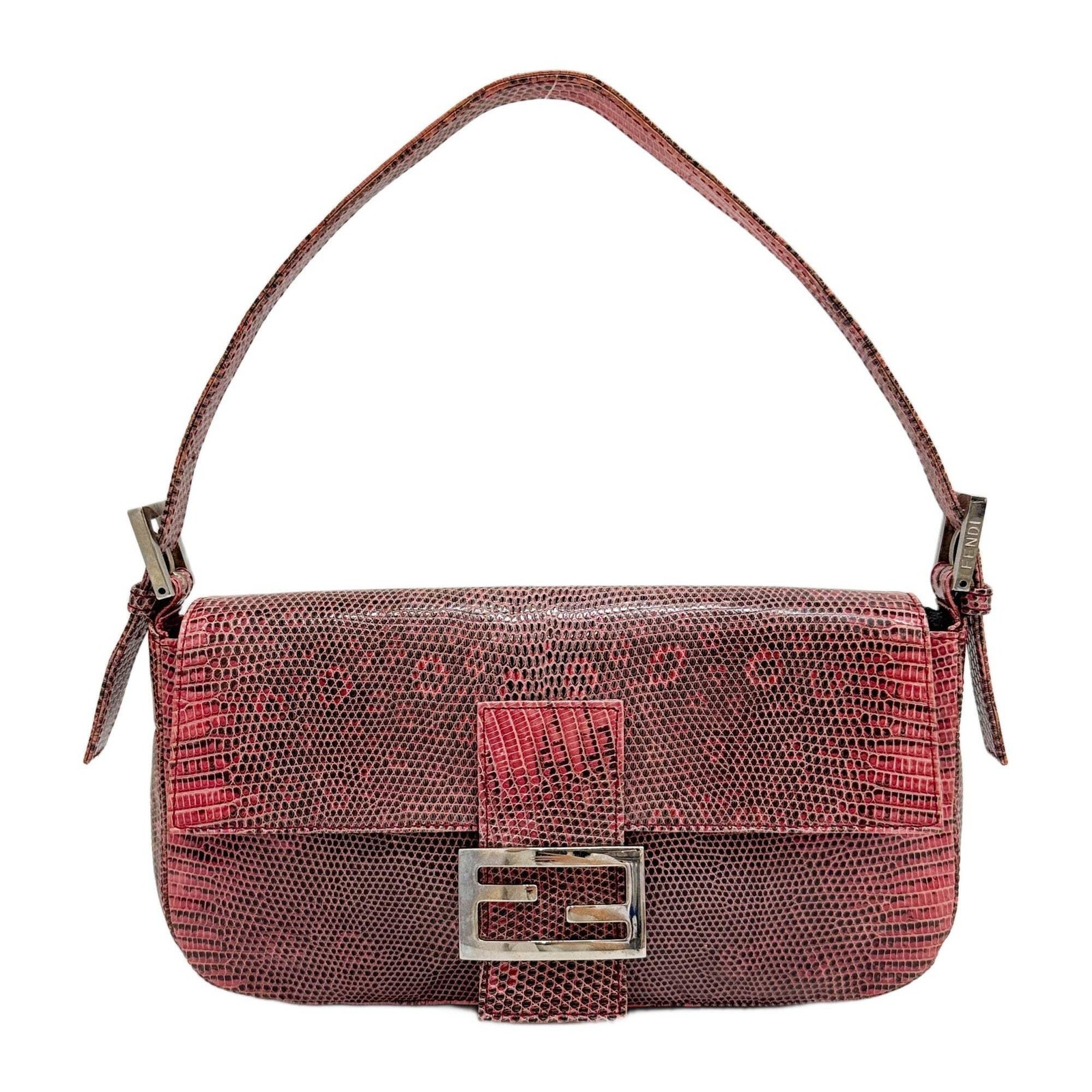 FENDI Baguette Pink Lizard Embossed Leather Shoulder Bag
