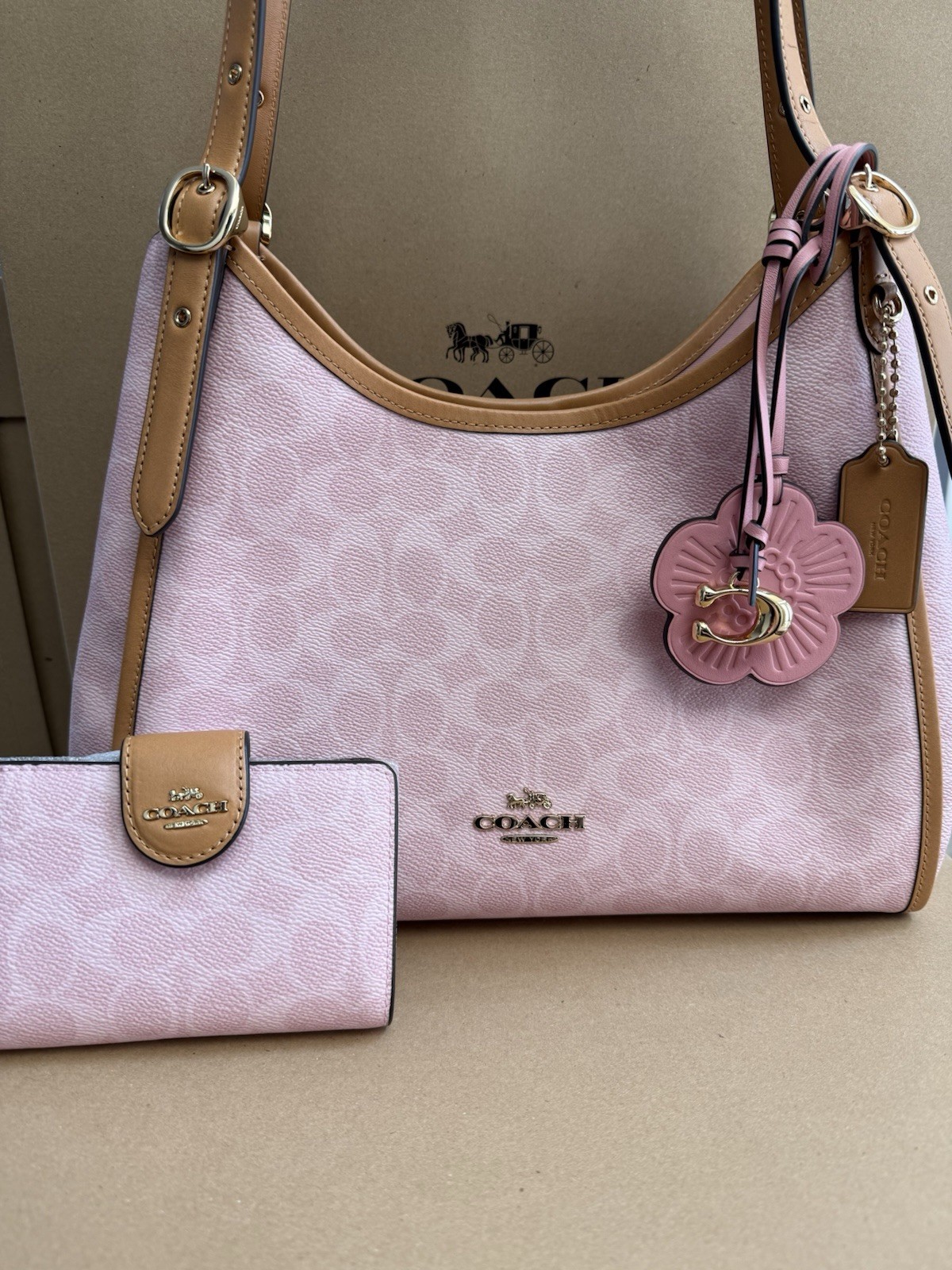 NWT COACH Erin Shoulder Bag Signature Canvas Charms powder pink With Wallet Set