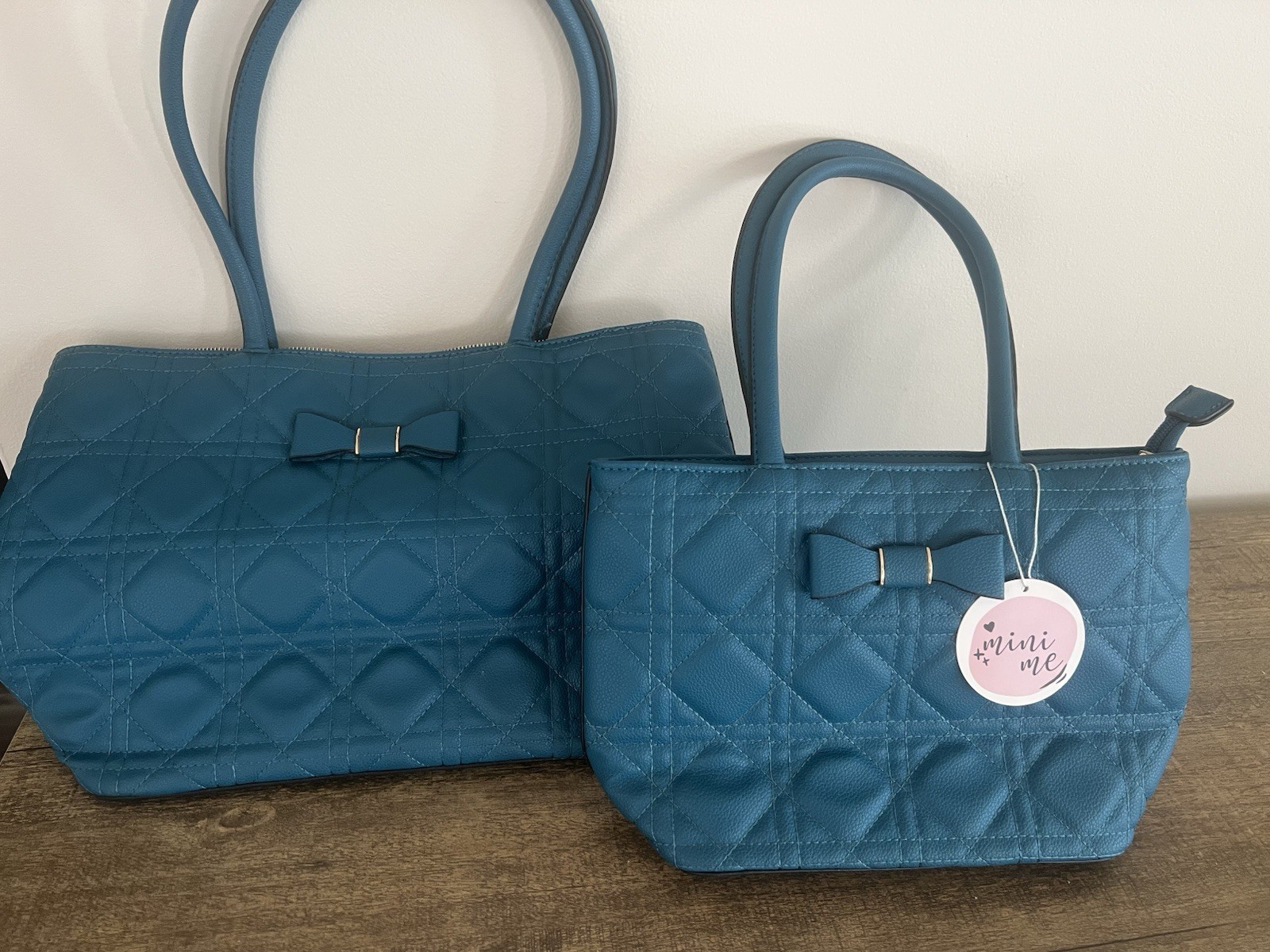 Teal Blue Quilted Tote Handbag Set w/ Bow Accent & Leopard Print Lining
