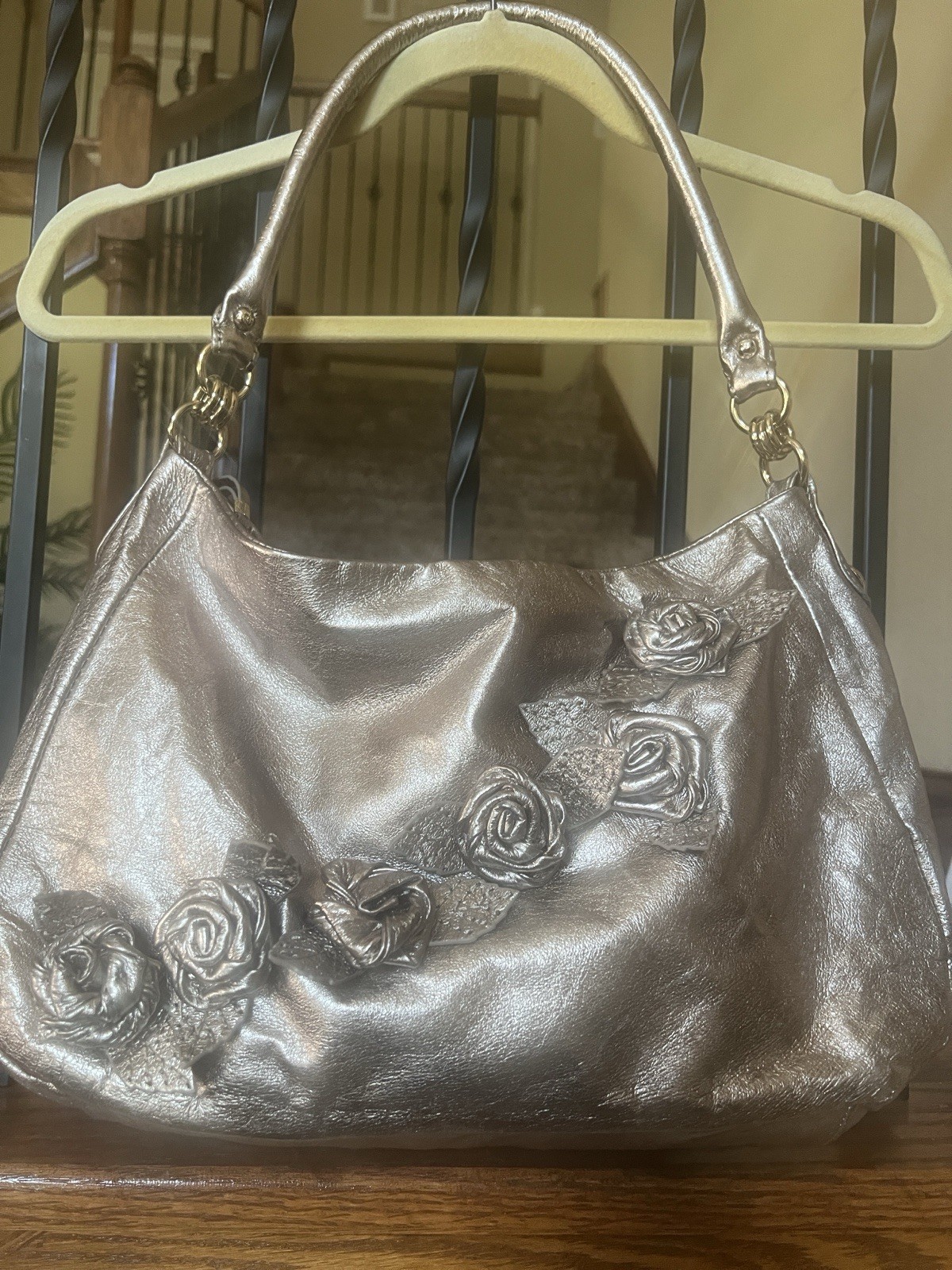 Elliott Lucca Metallic Silver Shoulder Bag Floral Applique Zip Pockets Gold