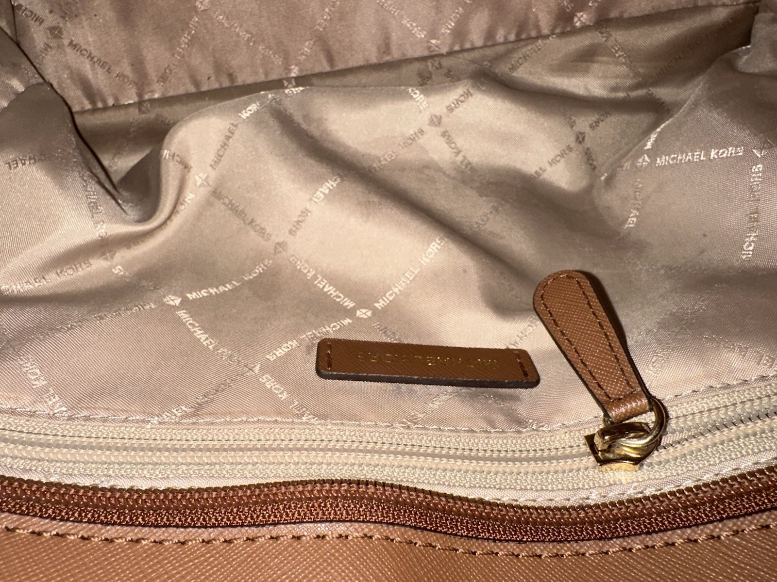 Michael Kors Monogram Large Tote Zip Closure Chain Strap Gold Hardware Beige