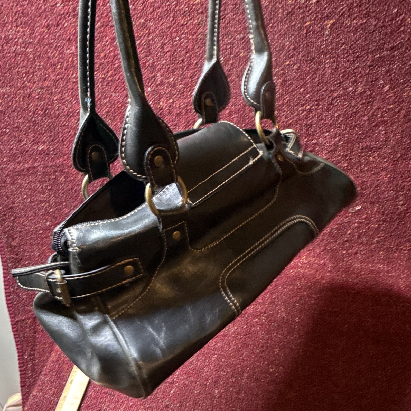 Women’s Black Satchel Top Handle Bag Zip Turn Lock Double Handles Brass HW