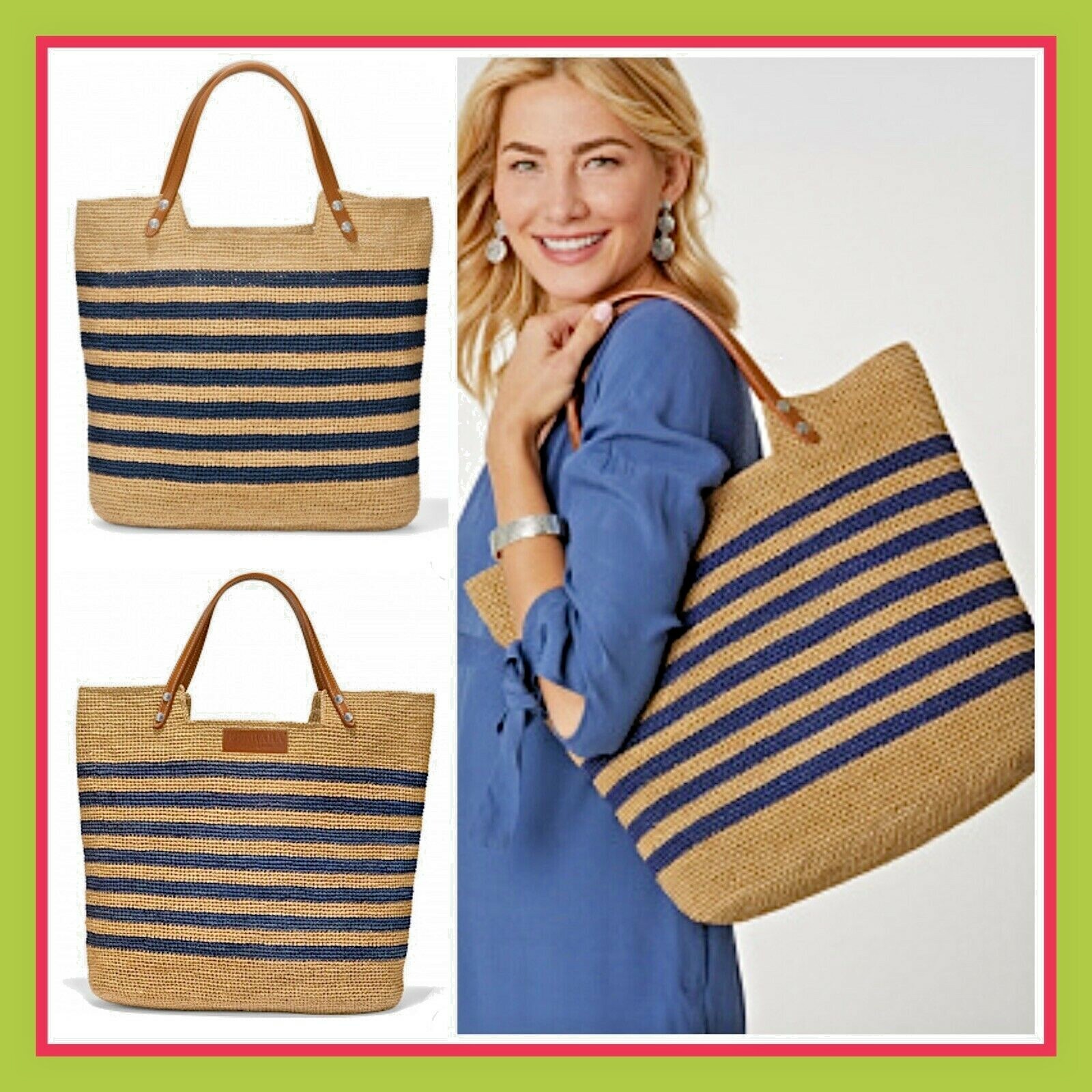 Brighton Ferrara Collection PALMIER RAFFIA Straw TOTE Wheat & Blue H73426 NWT