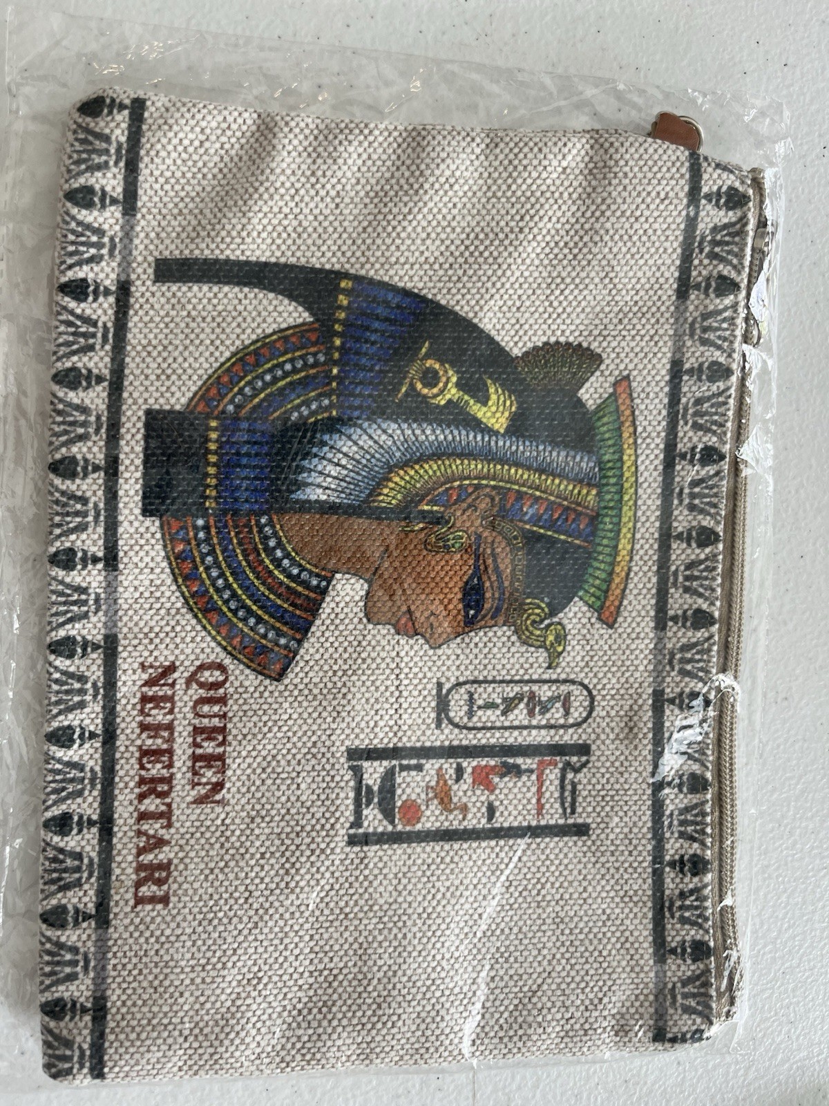 Linen Cotton Zipper Cosmetic Bag Makeup Case with Zipper Beige Egyptian Designs