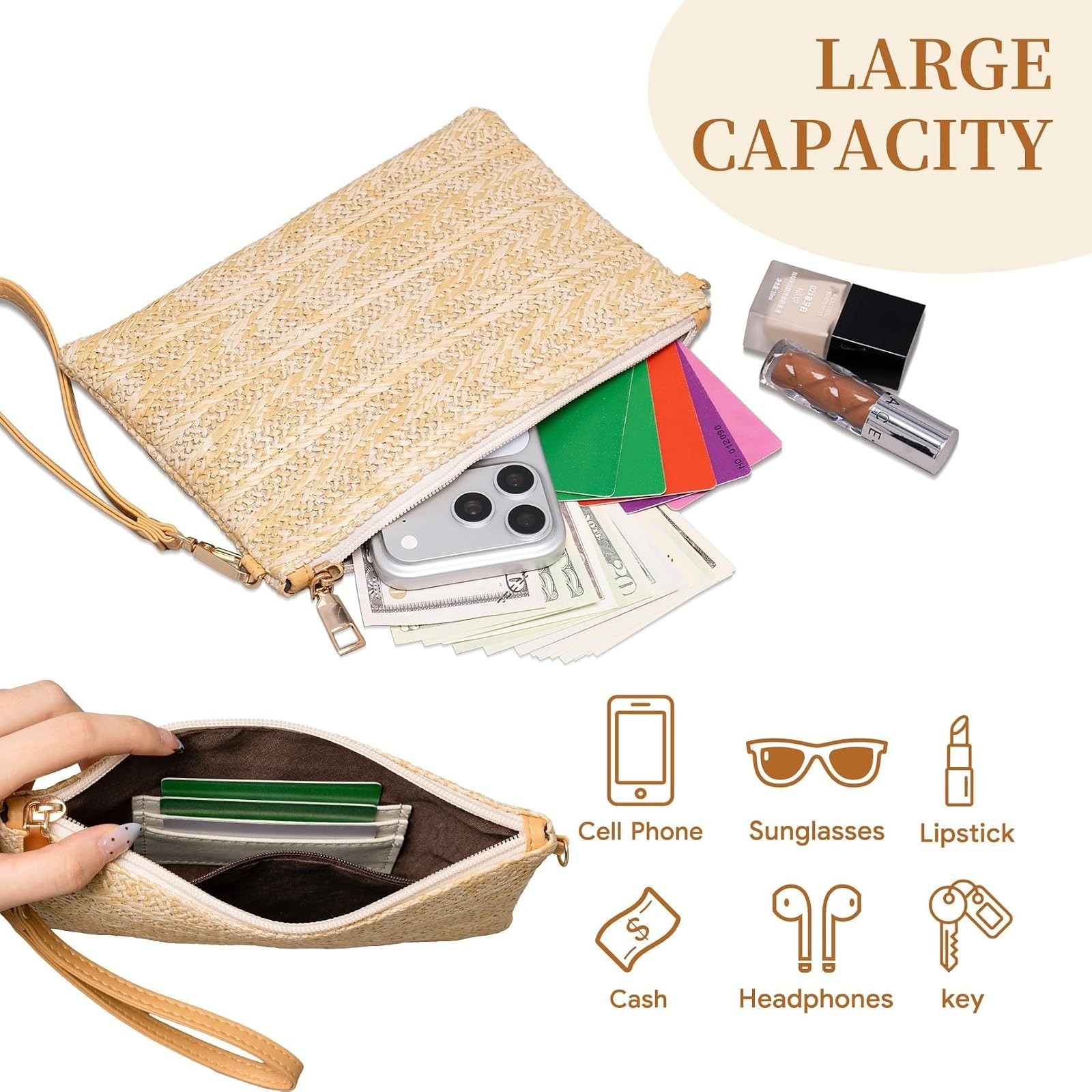 Larcenciel Straw Clutch Purse with Wrist Strap for Beach & Evening