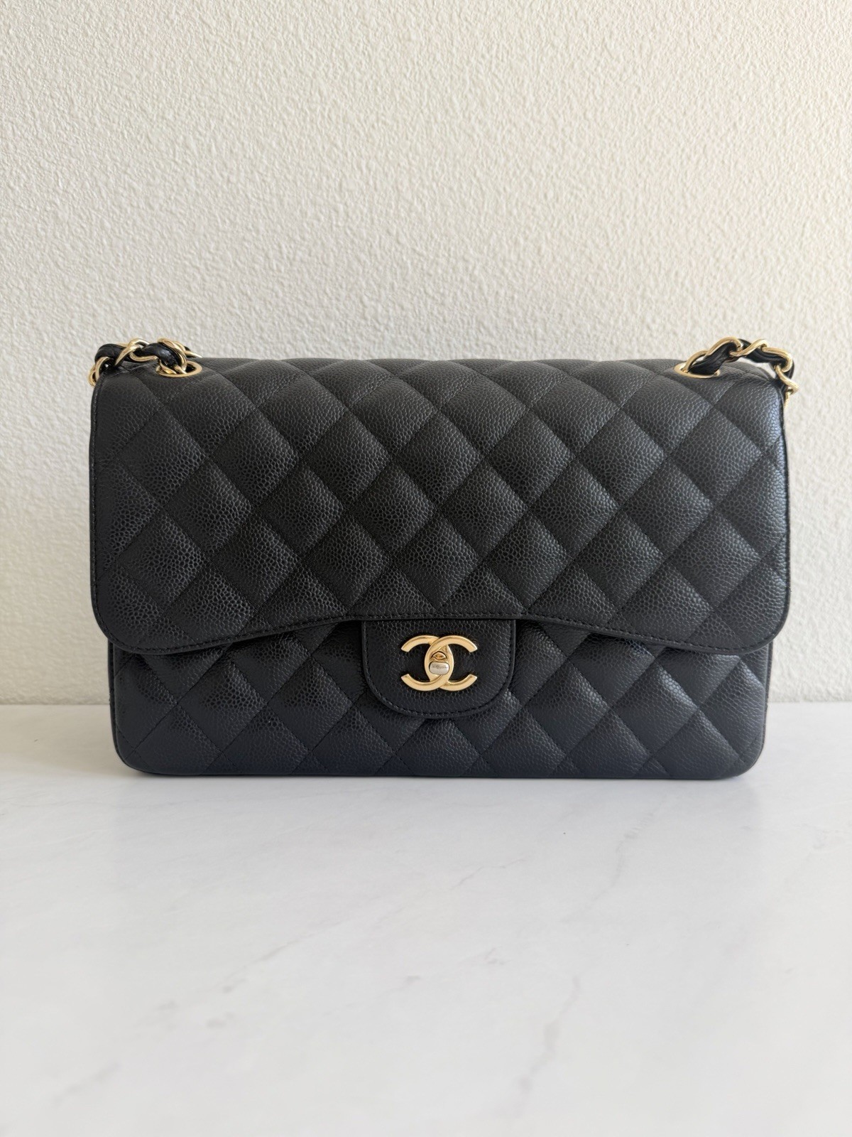 Chanel Jumbo Black Caviar Leather Double Flap Shoulder Bag Gold Color Hardware
