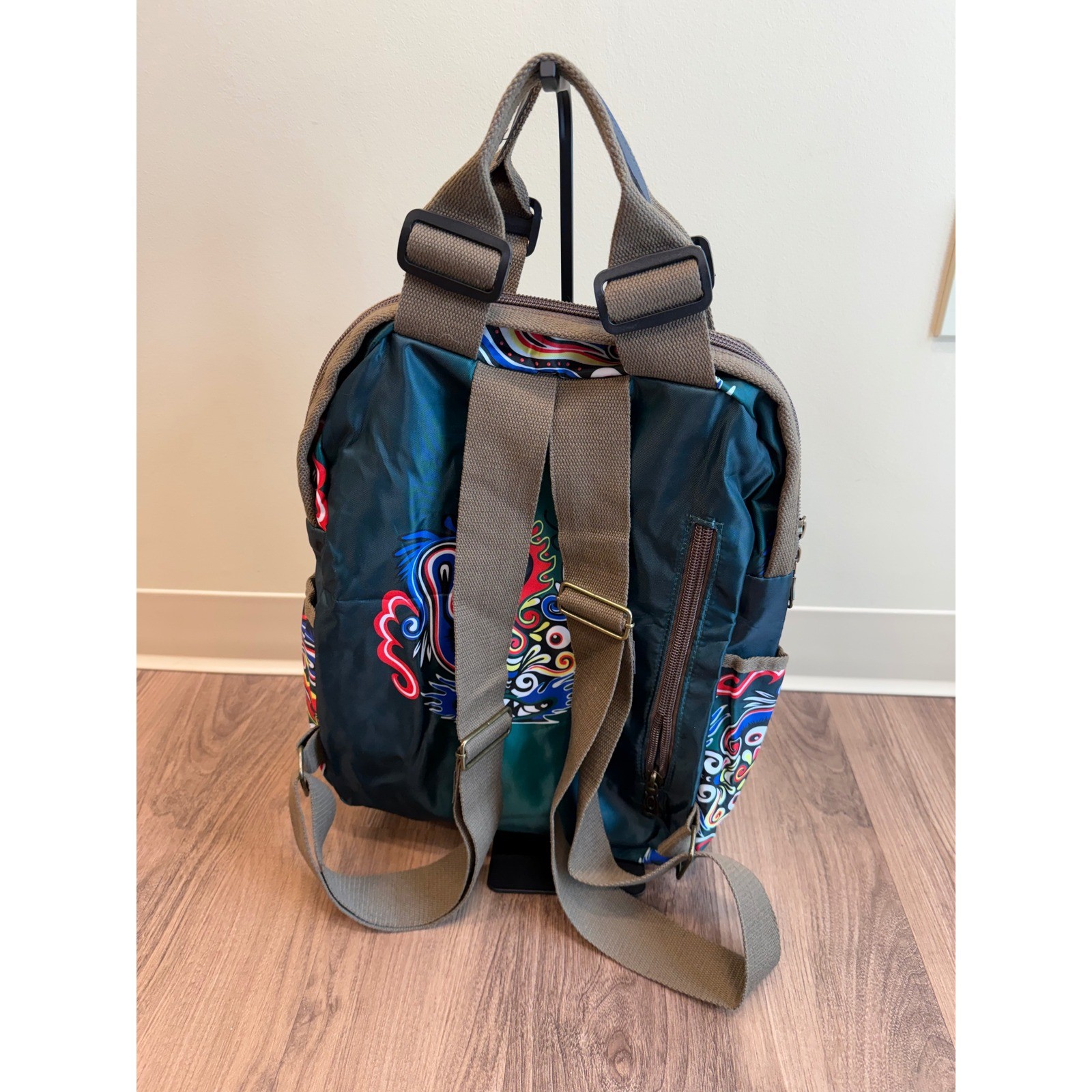 Meizhidao Teal Graphic Print Nylon Backpack Adjustable Straps Multi Color Bag