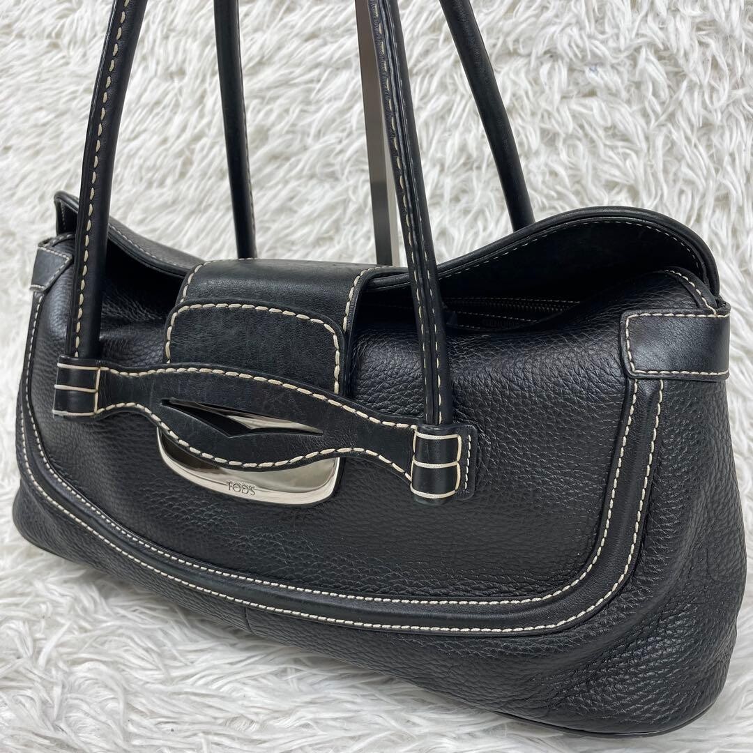 Tods D Bag Black Leather Shoulder Bag Pebbled Tote Handbag Italy Silver Hardware