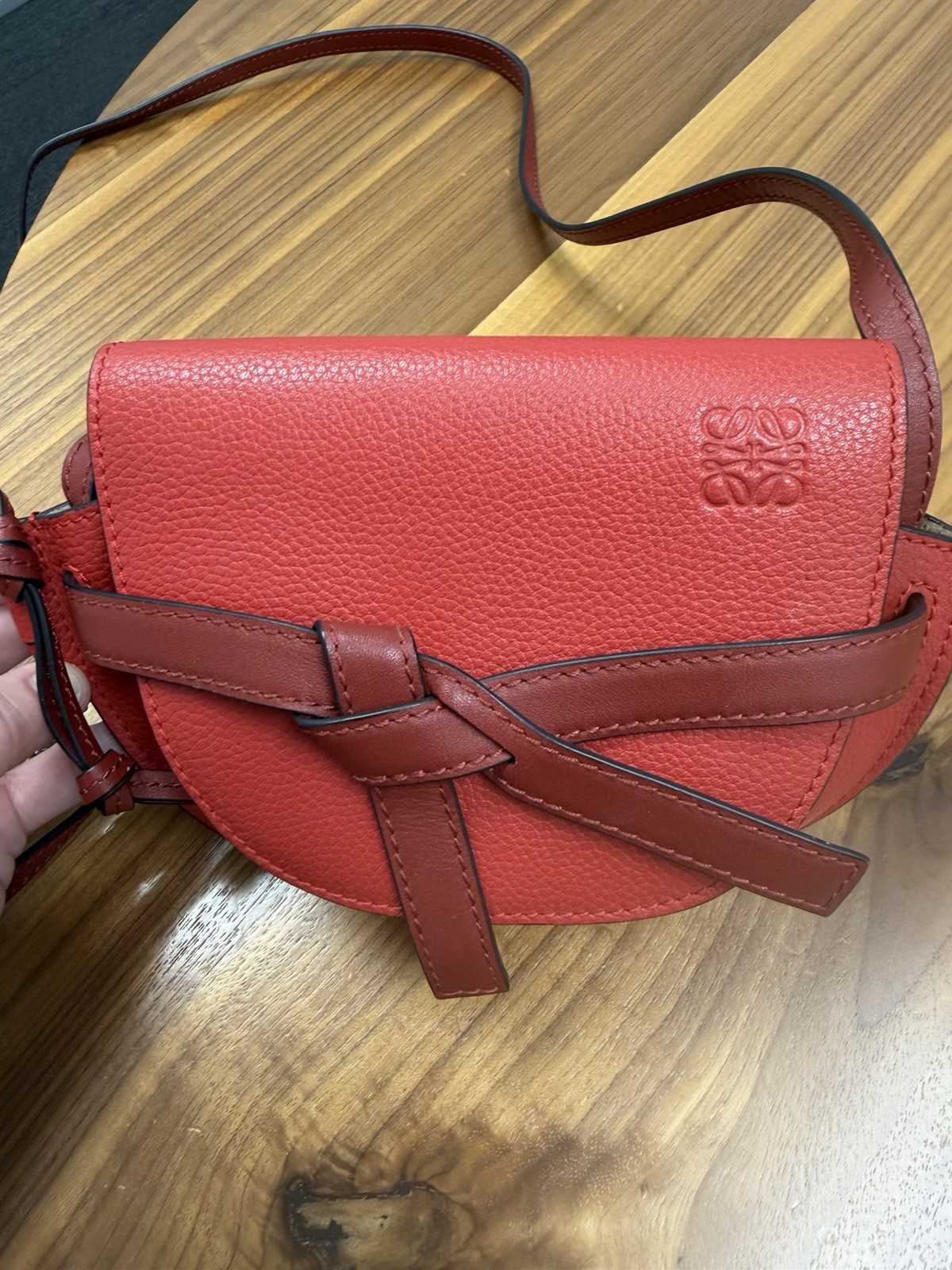 Loewe Gate Mini Red Crossbody Bag Gold Hardware Logo Bow Accents Strap