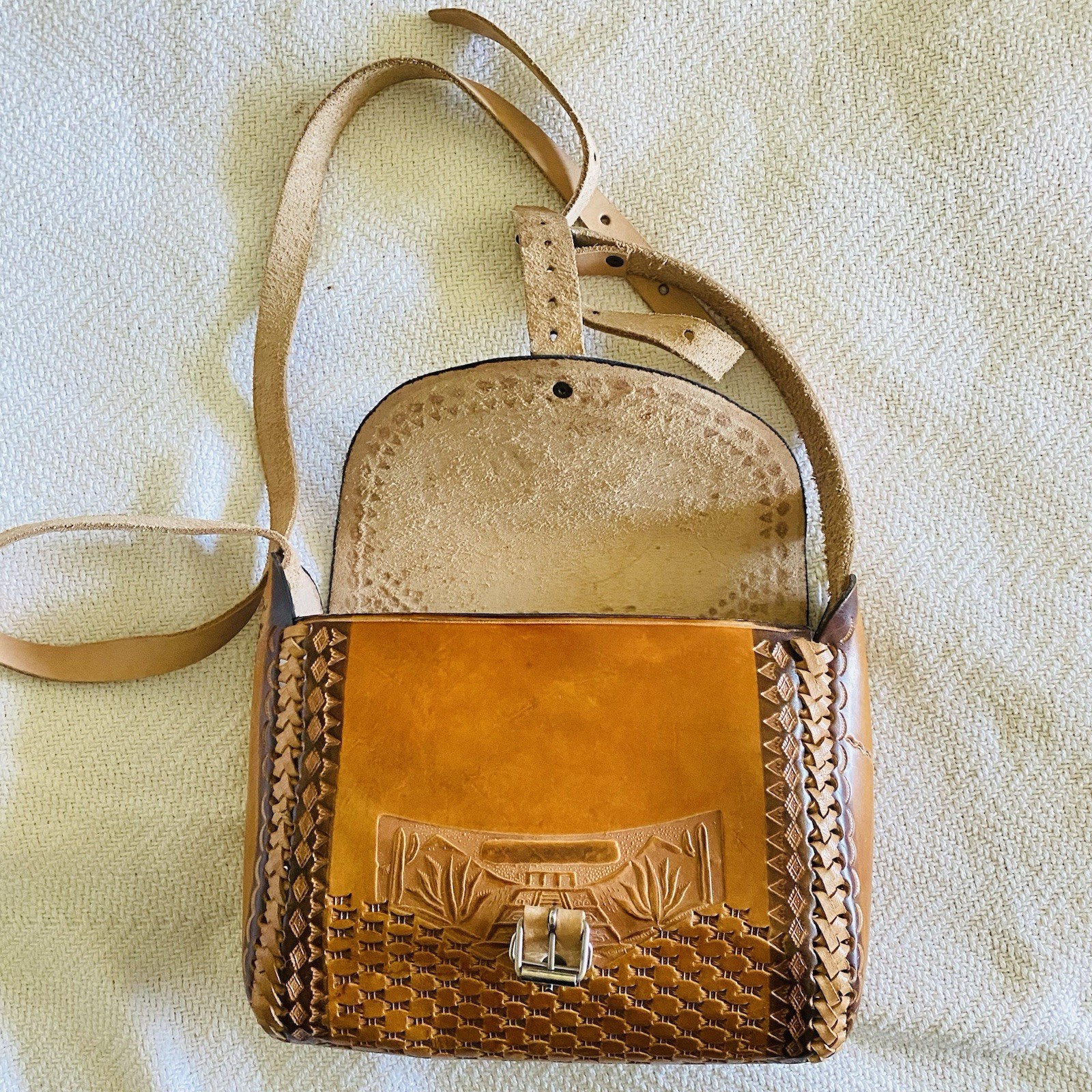 Hand Tooled Leather Colorblock Braided Studded Shoulder Bag Buckle Mexico
