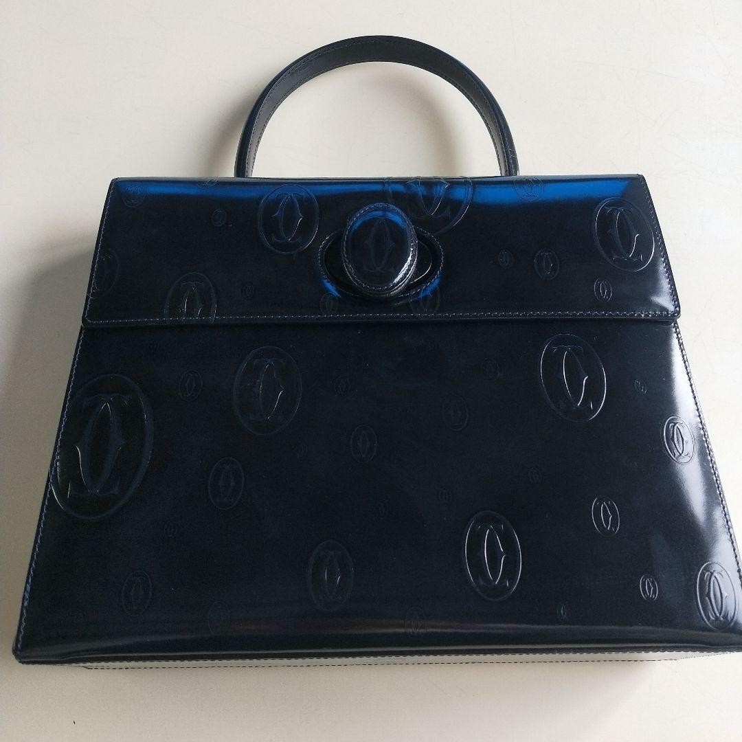 Cartier Happy Birthday Black Leather Top Handle Handbag Vintage 27.5cm Authentic