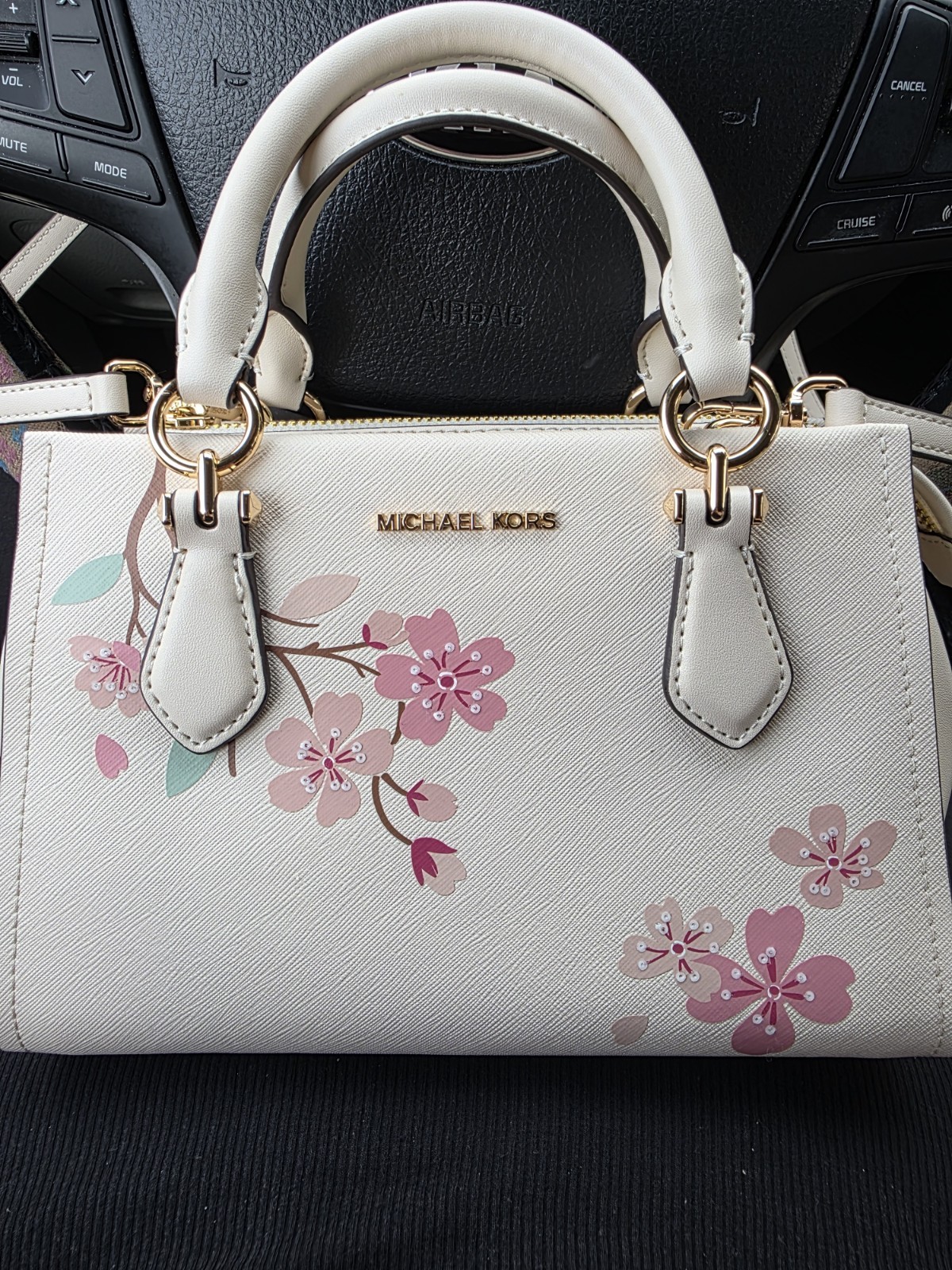 Michael Kors Floral Zip Top Handle Satchel Small Cream Gold Lined Brand Card