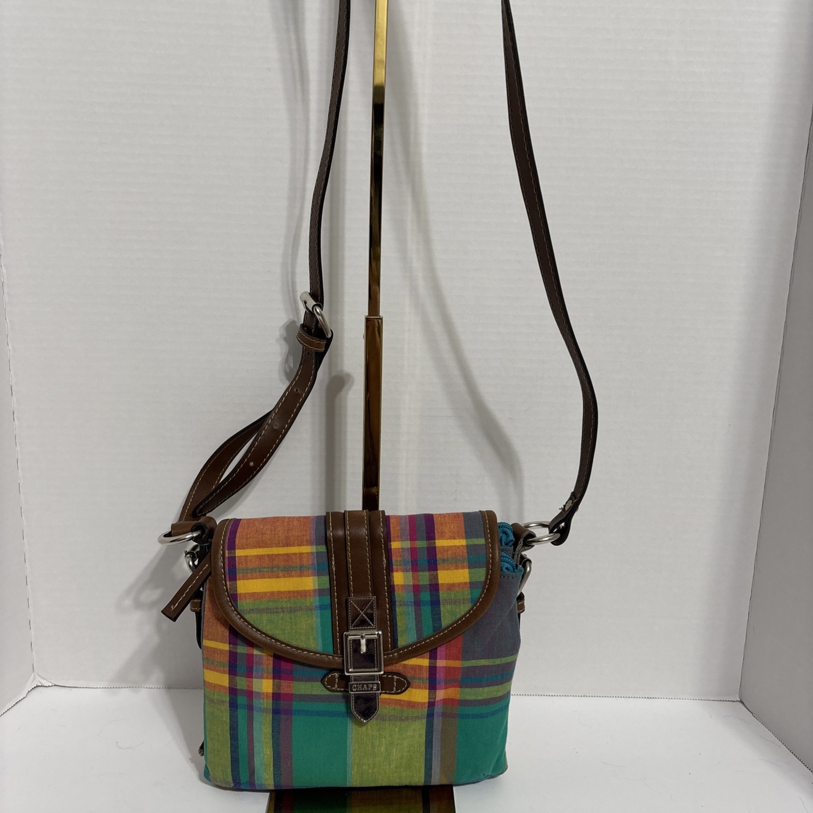 CHAPS Ralph Lauren Crossbody Bag Madras Plaid Adjustable Strap Y2K 100% Cotton