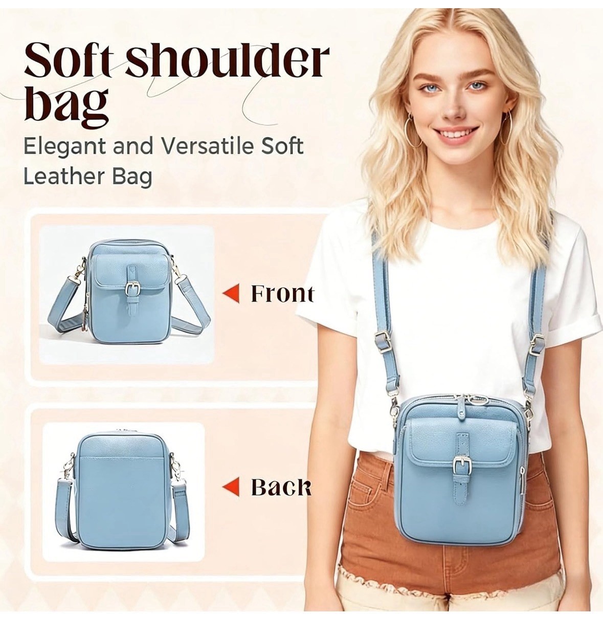Women’s Blue Crossbody Bag w/ Zip & Buckle, Adjustable Detachable Strap, Silver