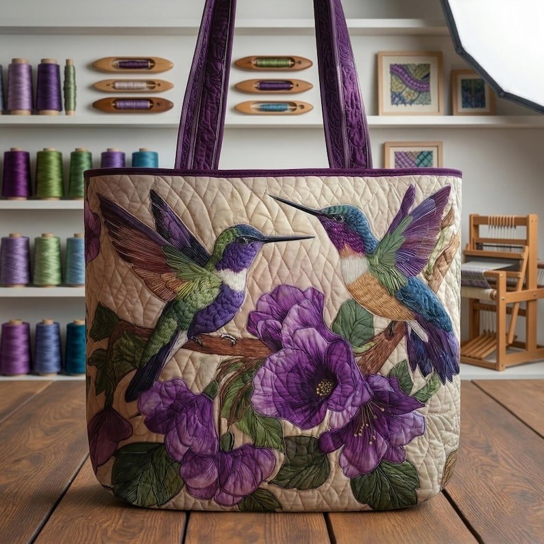 Hummingbird Quilted Tote Bag, Purple Floral Bird Bag, Handmade Style Shoulder Ba