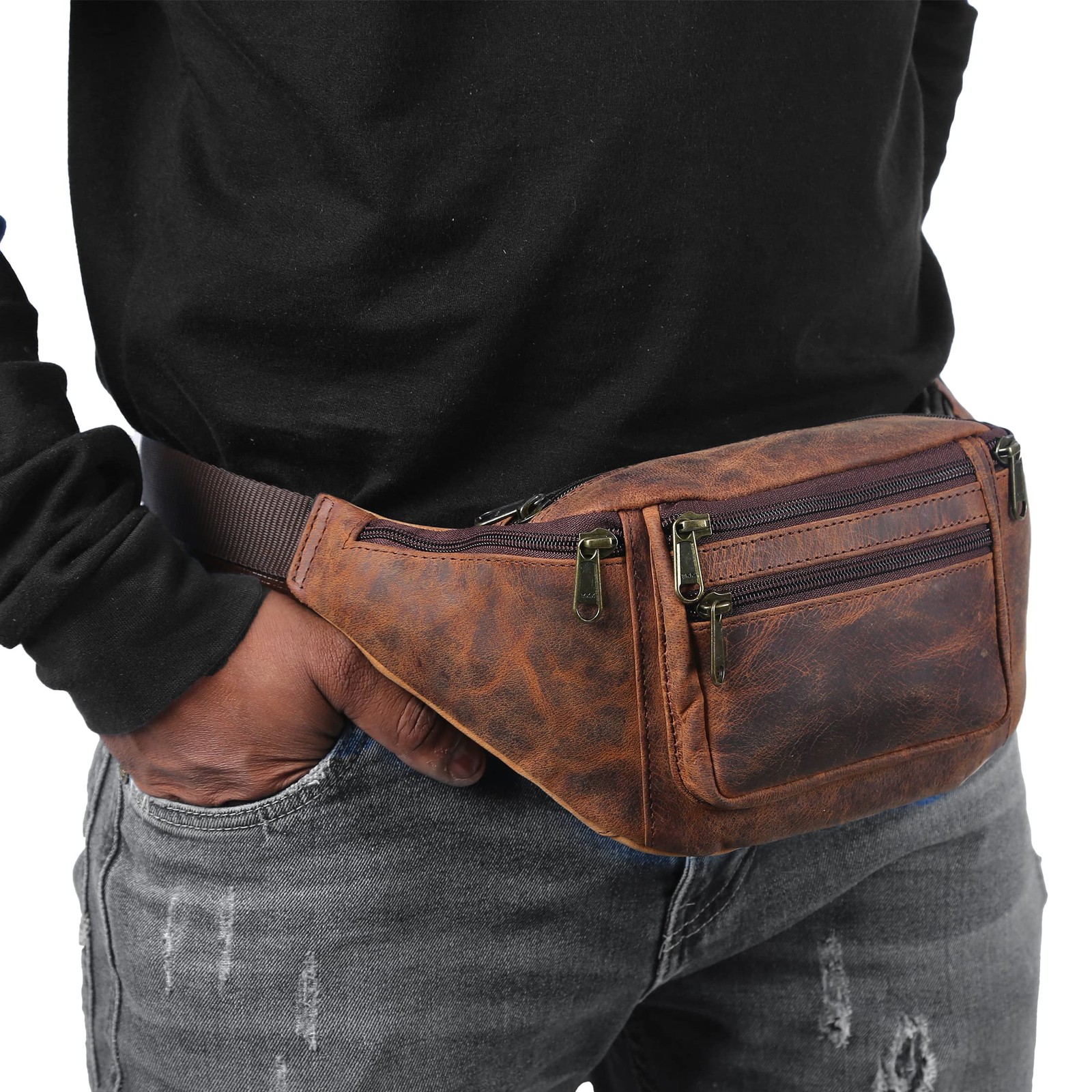 Premium Buffalo Leather Fanny Pack Waist Bum Pouch Multiple Pockets Run