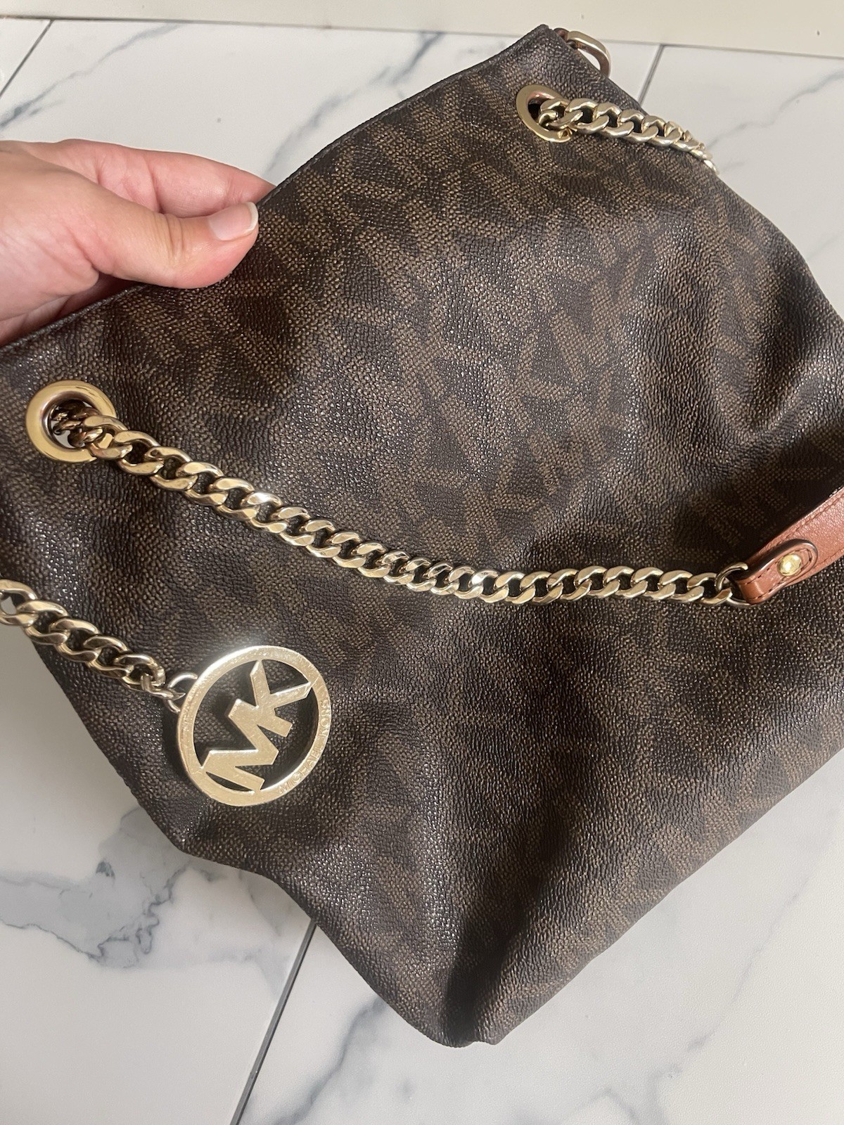 Michael Kors Brown Logo Shoulder Bag Chain Strap Zip Closure Gold Hardware Charm