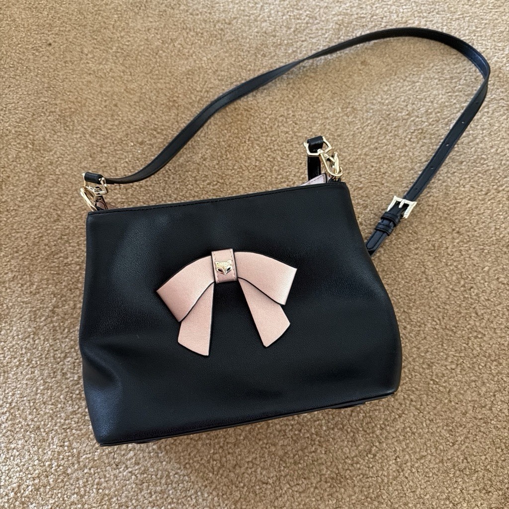 FOXER Black Pink Crossbody Bag Bow Accent Zip Top Gold Hardware Detachable