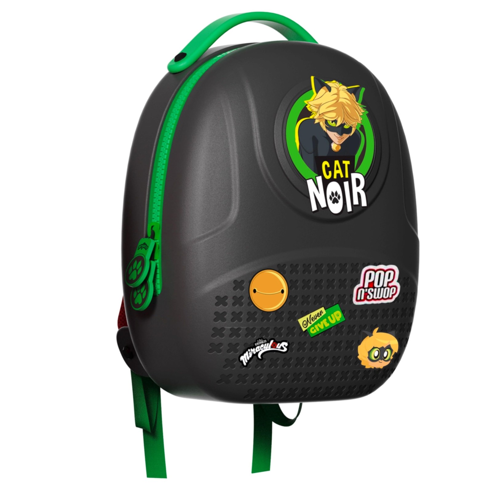 Ladybug Cat Noir Black Backpack with Green Handle, 6 Clip-on Badges, Waterproof