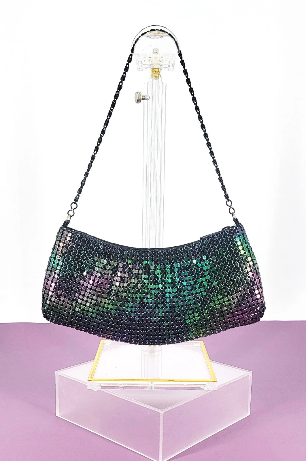 90s Y2K Black Iridescent Chain Mail Mesh Crescent Evening Bag Black Chain Handle