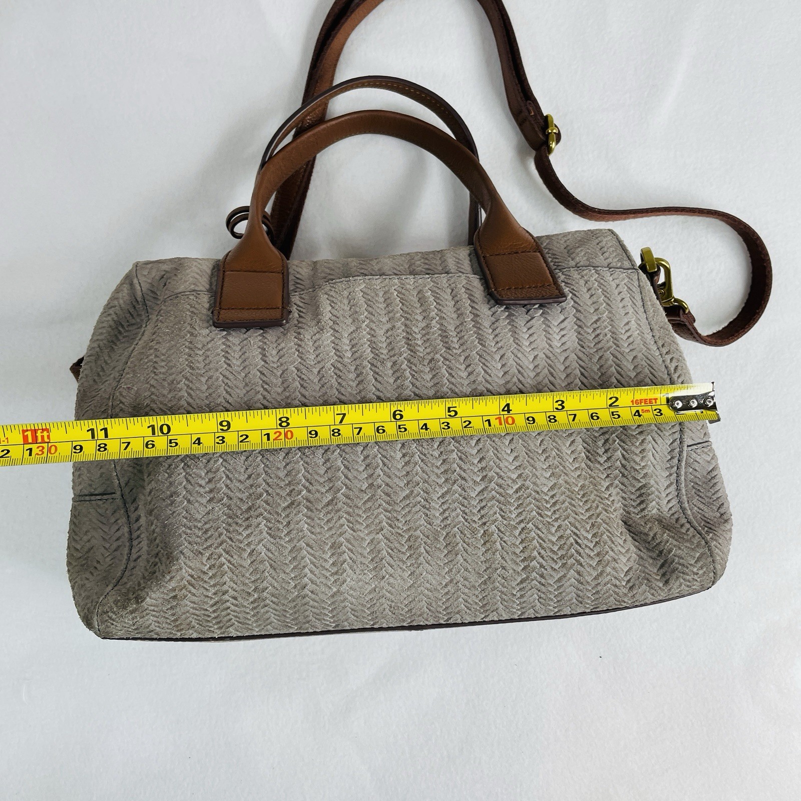 Fossil Fiona Satchel Bag Doctor Western Woven Cowhide Leather Suede Light Grey