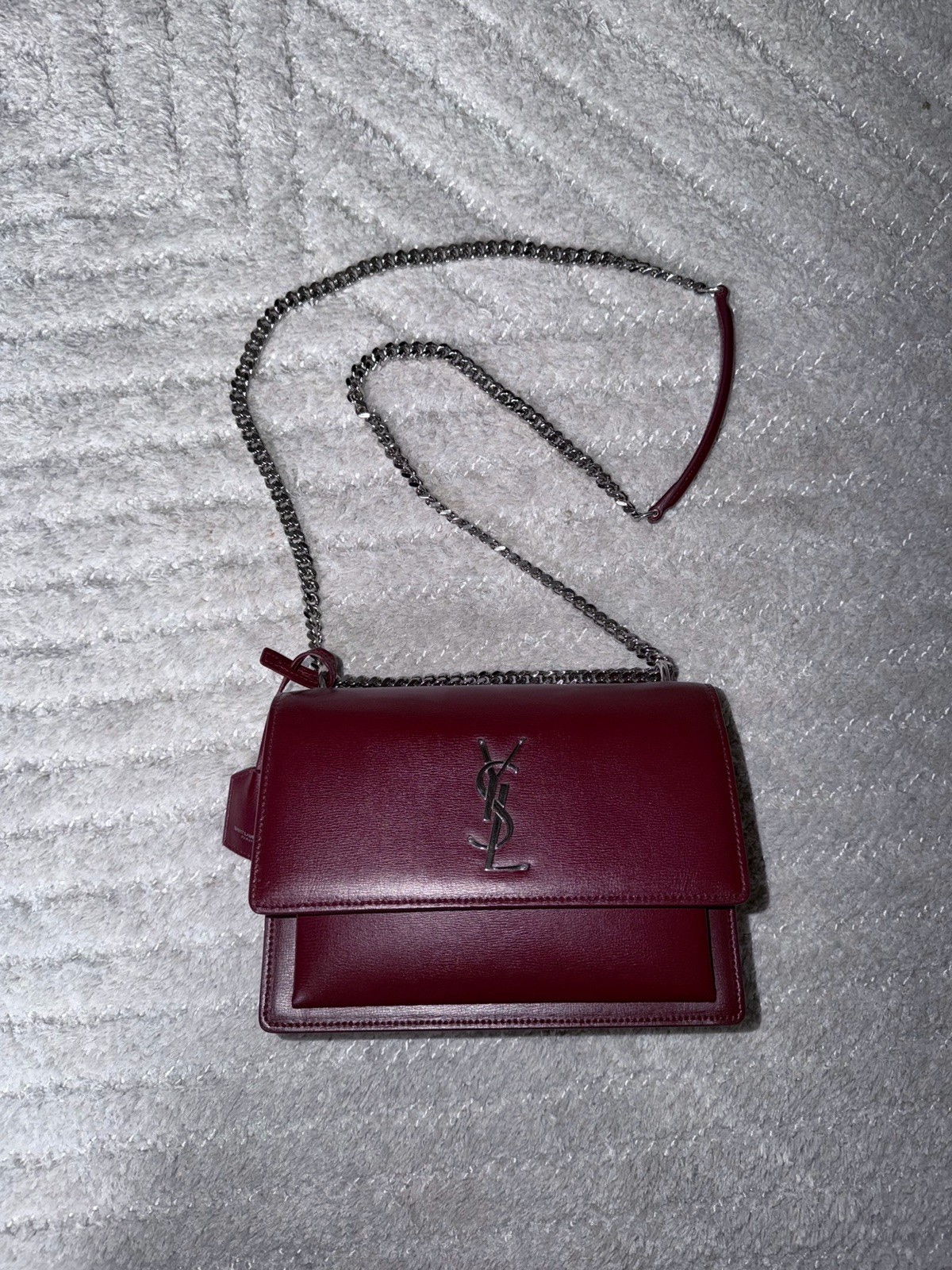 Saint Laurent Sunset Medium Bag – Burgundy Smooth Leather – Silver Hardware