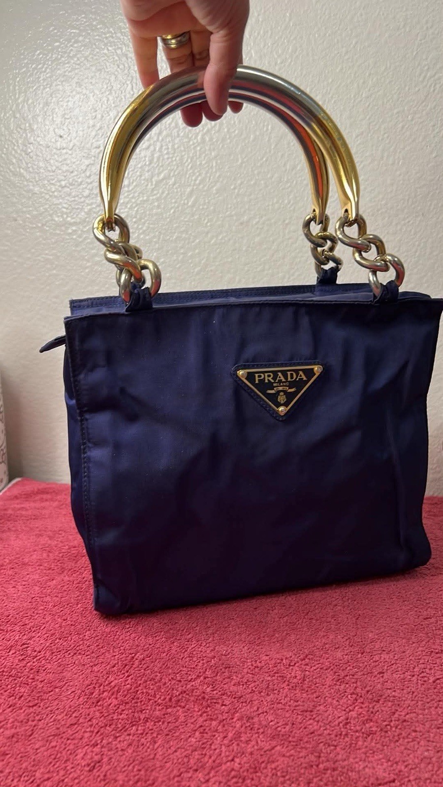 PRADA Tessuto Milano Blue Logo Top Handle Bag Zip Closure