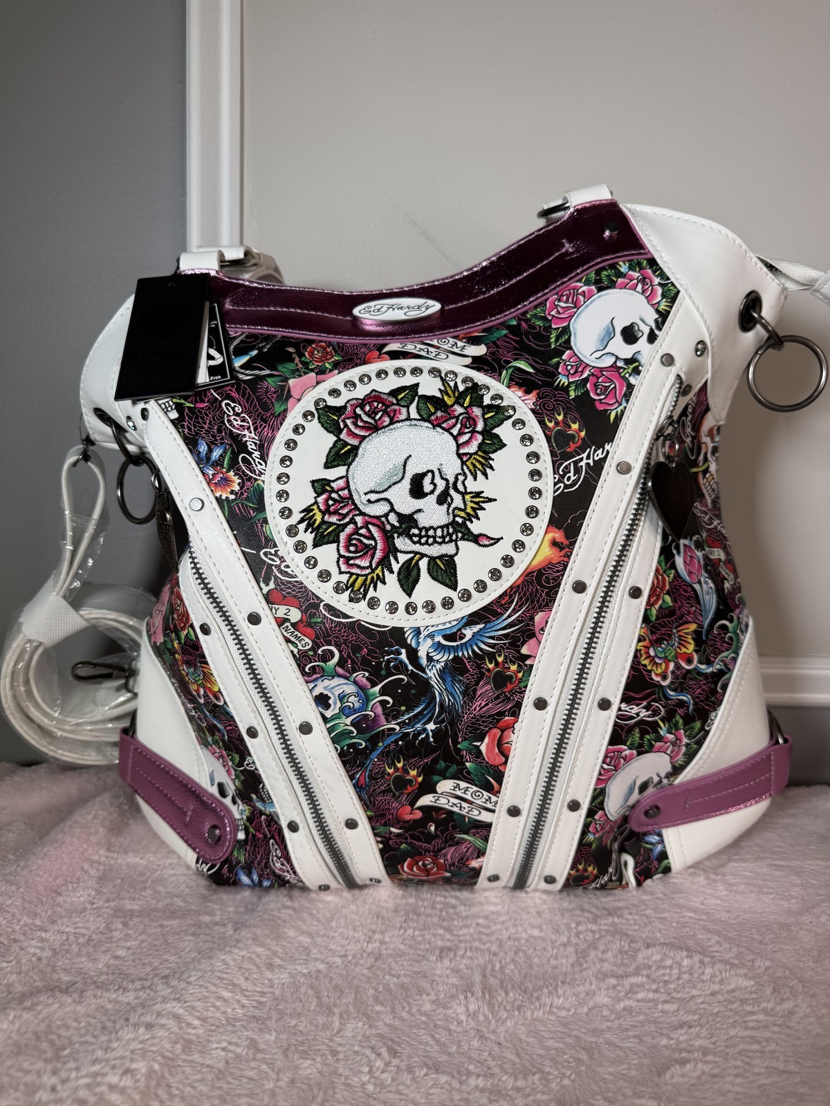 Ed Hardy white leather hobo bag tattoo print