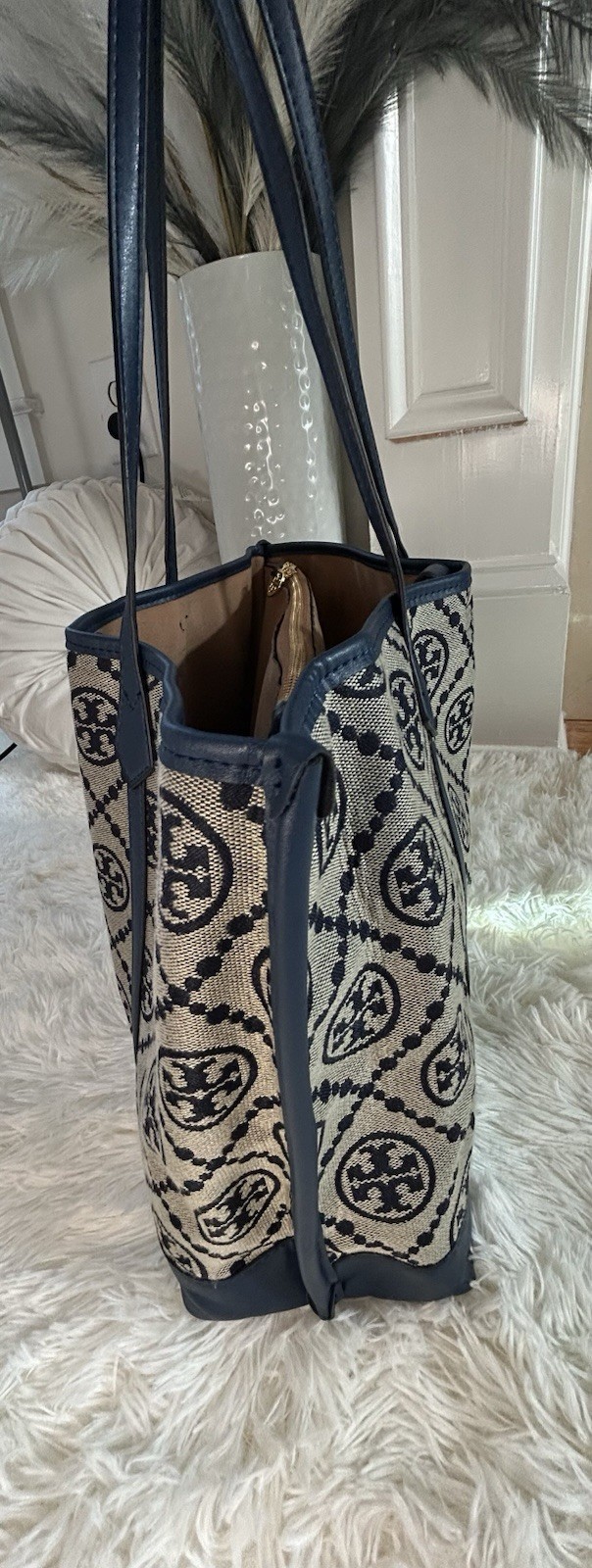 Tory Burch Canvas Monogram Tote Navy Blue Leather Trim Shoulder Bag Large