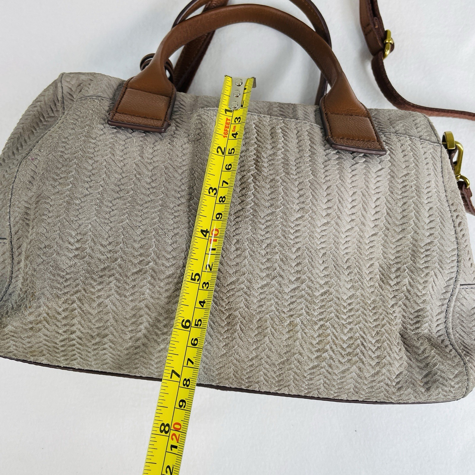 Fossil Fiona Satchel Bag Doctor Western Woven Cowhide Leather Suede Light Grey