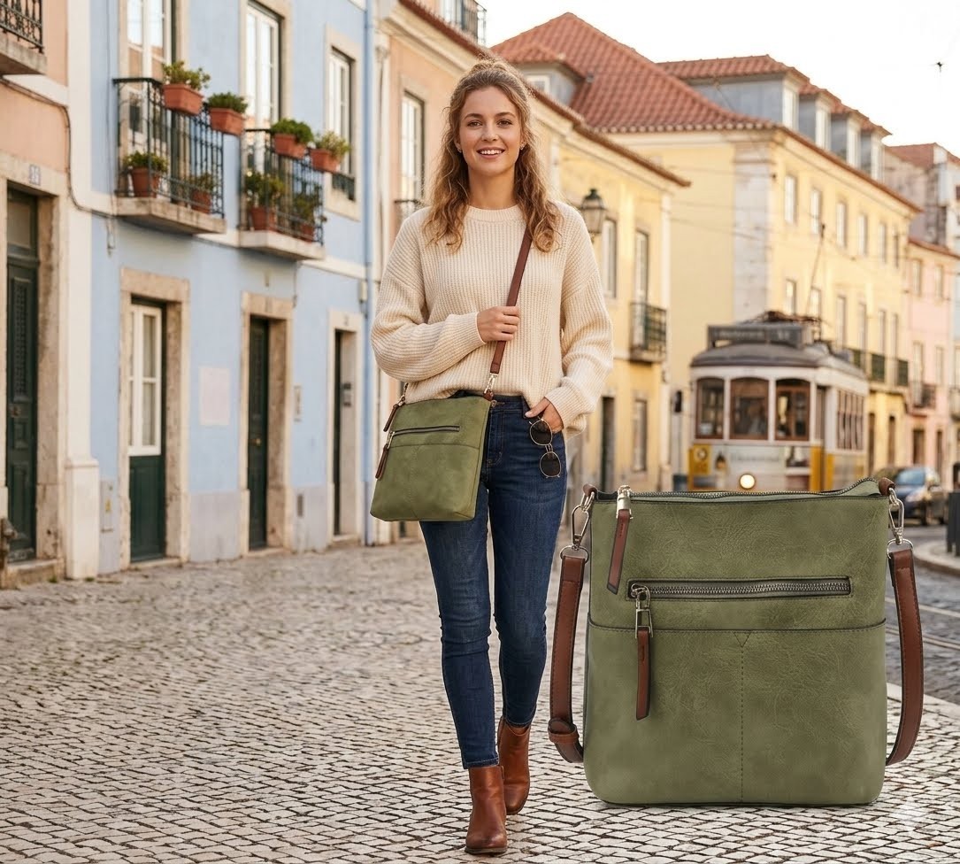 Le Miel Vegan Crossbody Bag Sage Green Multi Pocket LQF038-Z