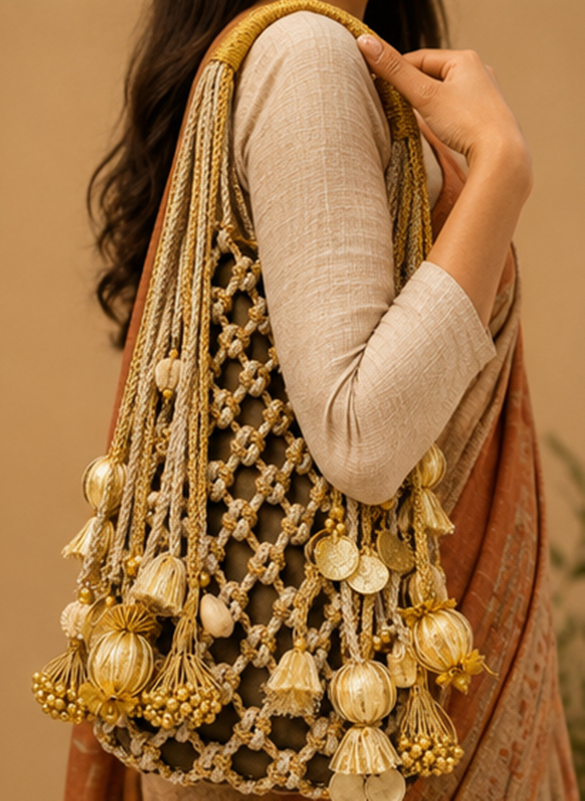 Handmade Macrame Potli Bag with Tassels, Boho Drawstring Handbag, Gold Charm