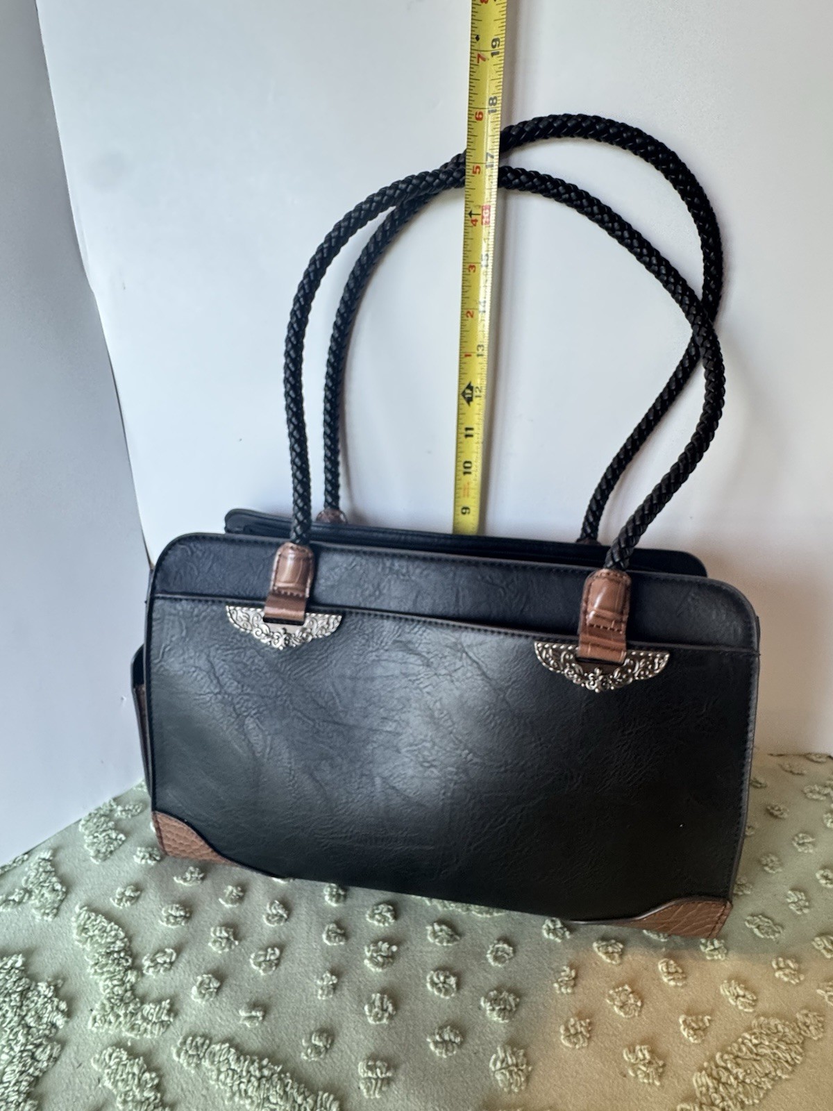 Bueno Of California Black Purse Handbag 8 Pockets Tote Bag Braided Strap