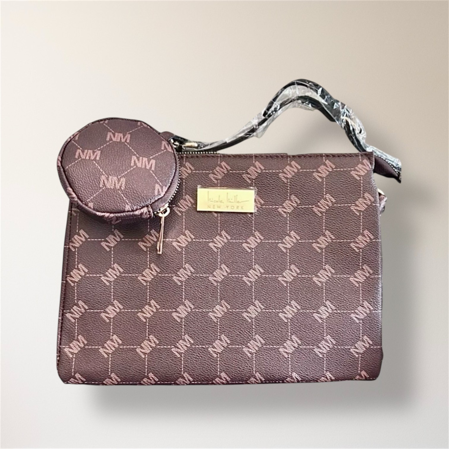 New Nicole Miller New York Brown Monogram Crossbody Bag Coin Purse Minimal Luxe