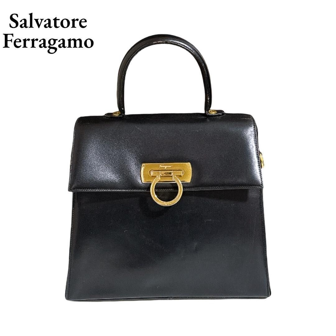 Salvatore Ferragamo Gancini Black Leather Top Handle Handbag Gold Hardware 72